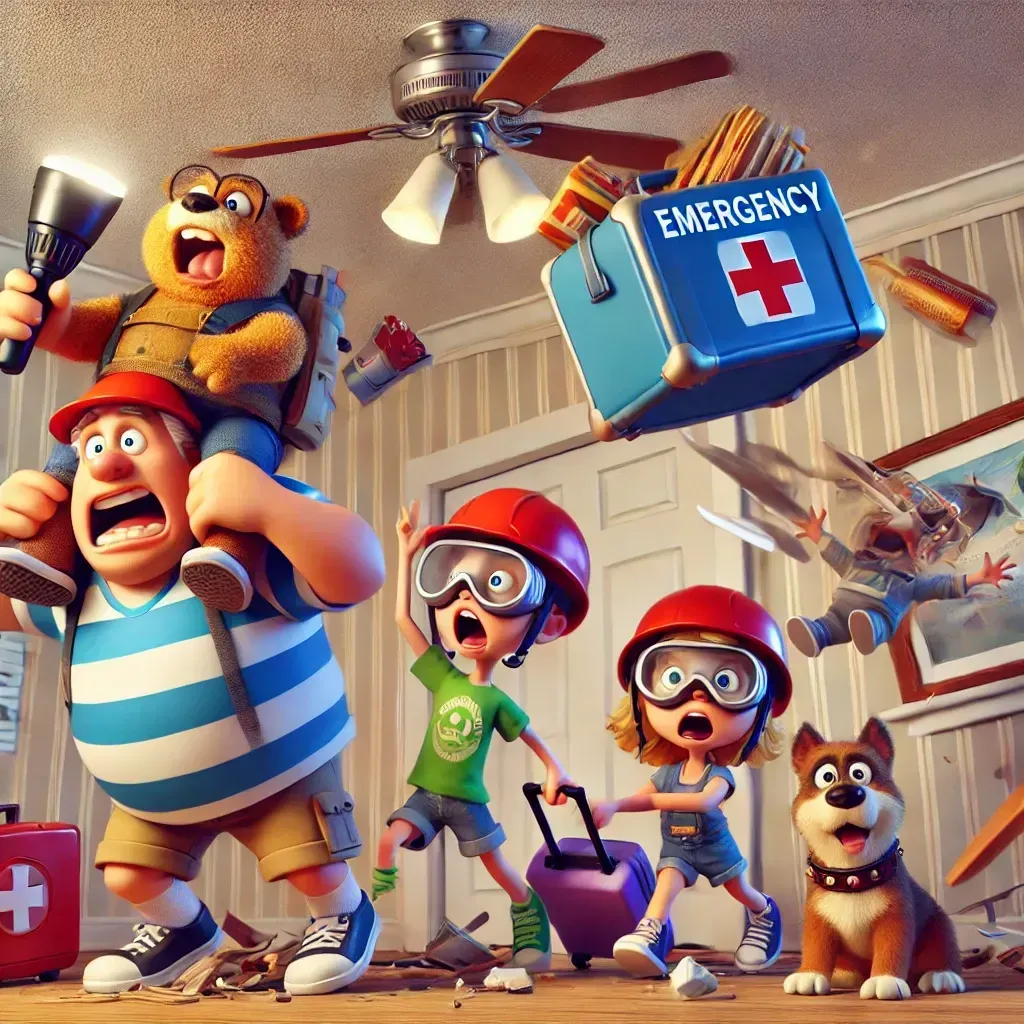 a 3d version image that illustrates a family with dog, for a family emergency drill including their go bags, and emergency kits