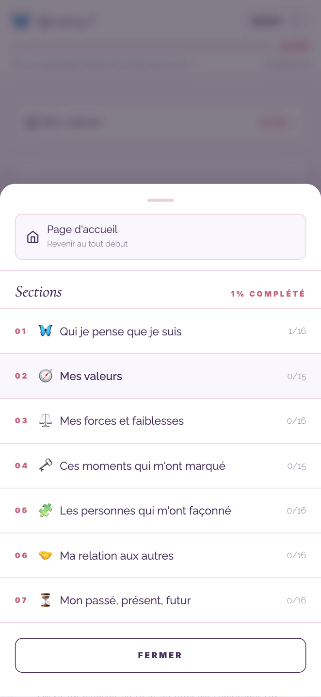Menu des 7 sections avec progression