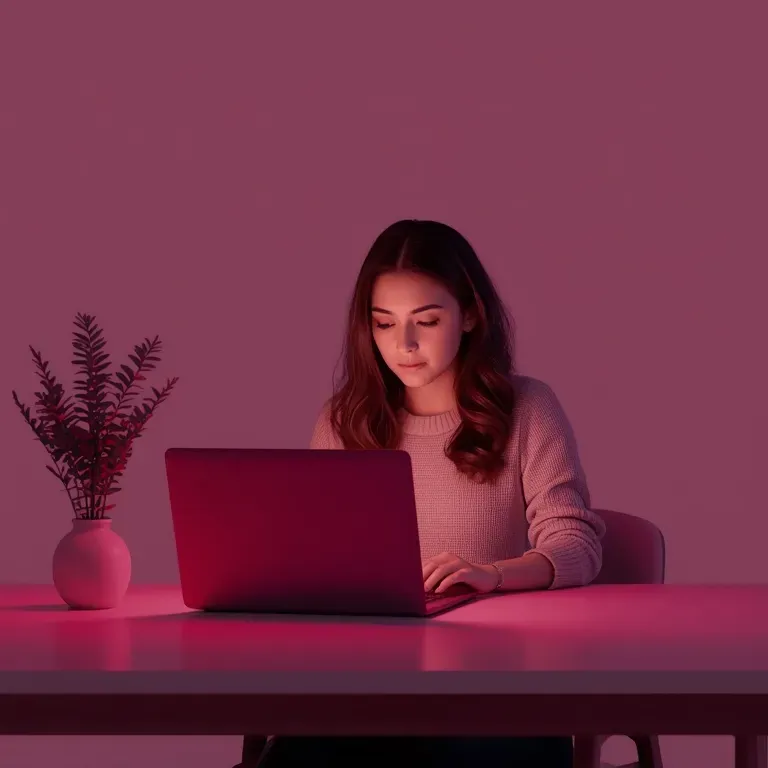 woman working on laptop at kitchen table in the evening, warm soft light, calm mood