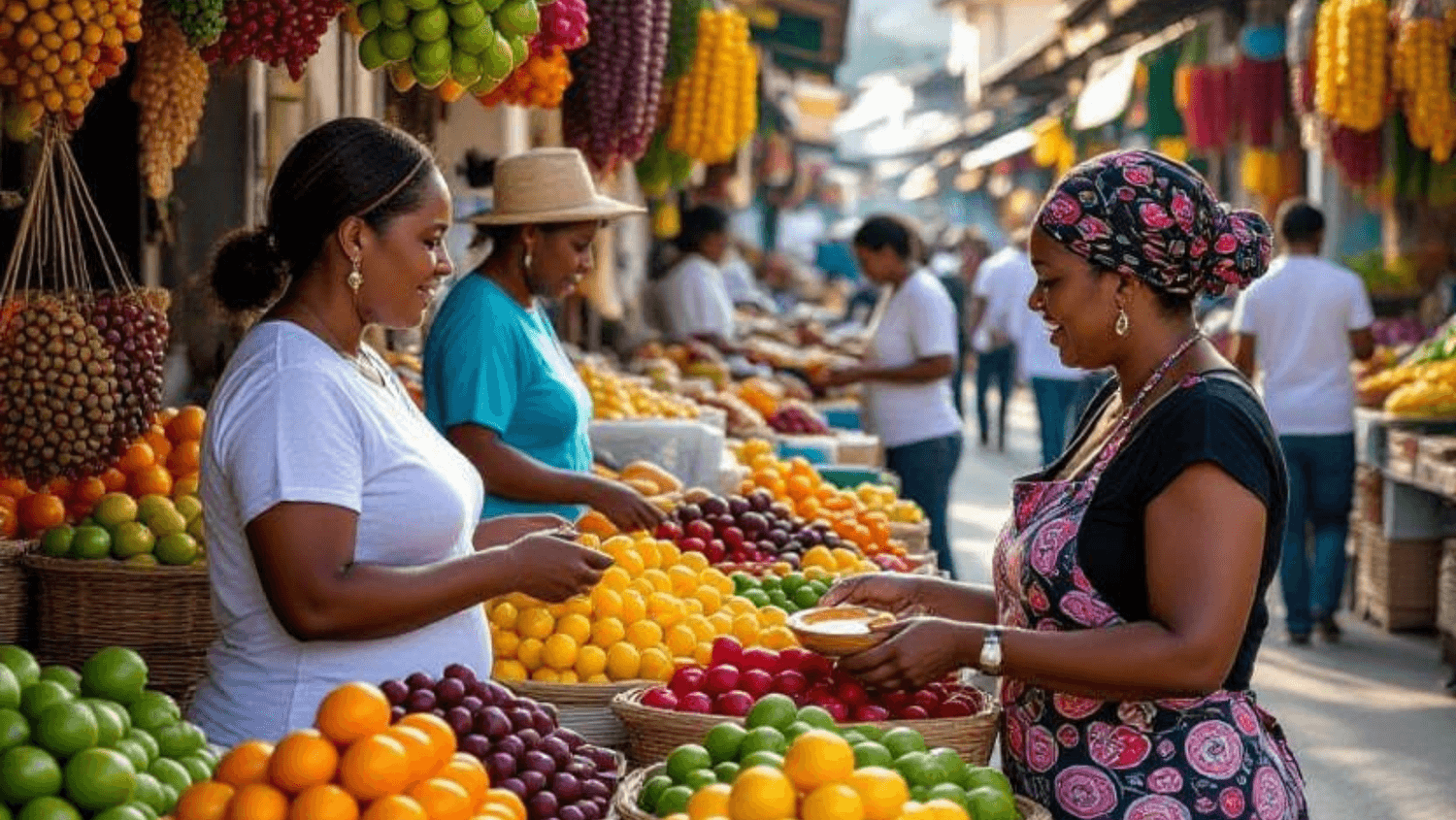 Caribbean market morning with fruit, spices and friendly vendors