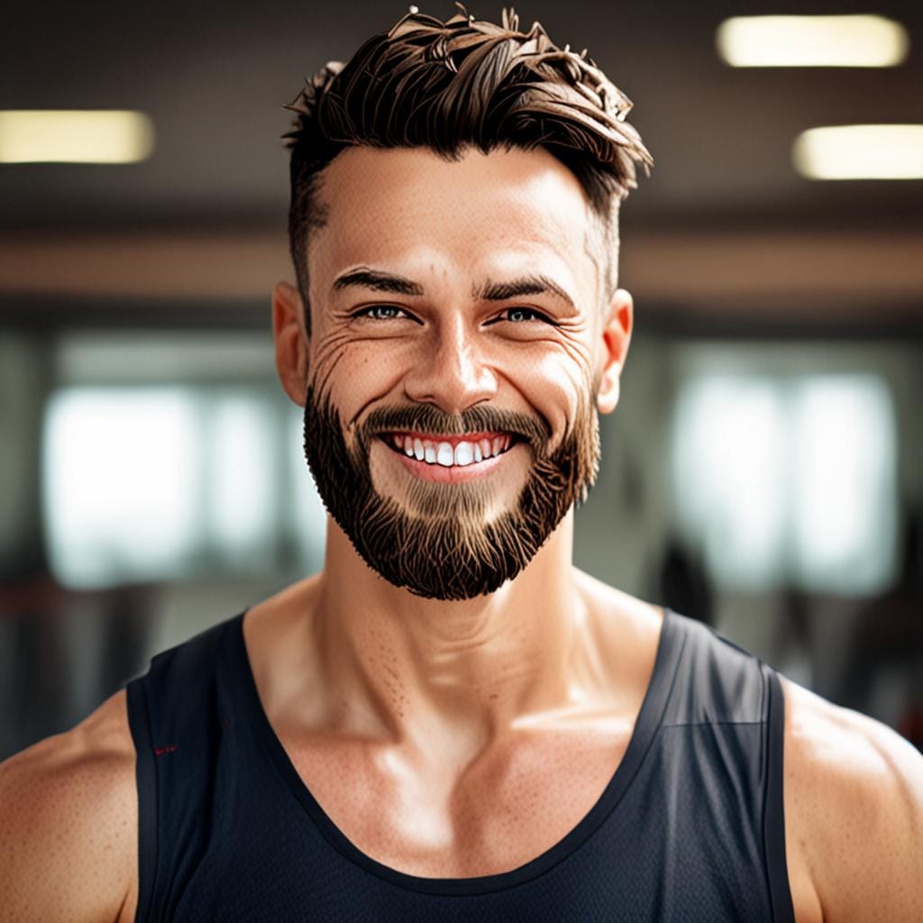 Bearded man in athletic wear, smiling, gym background