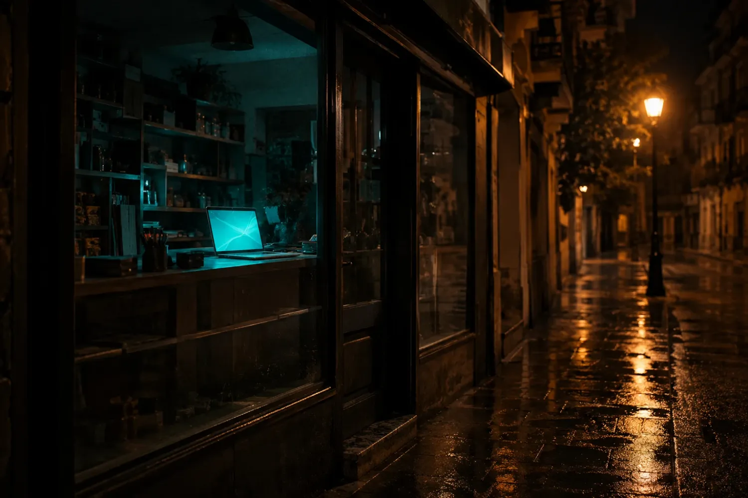 Escaparate de noche con un portátil encendido: el agente de IA atiende a tus clientes 24 horas
