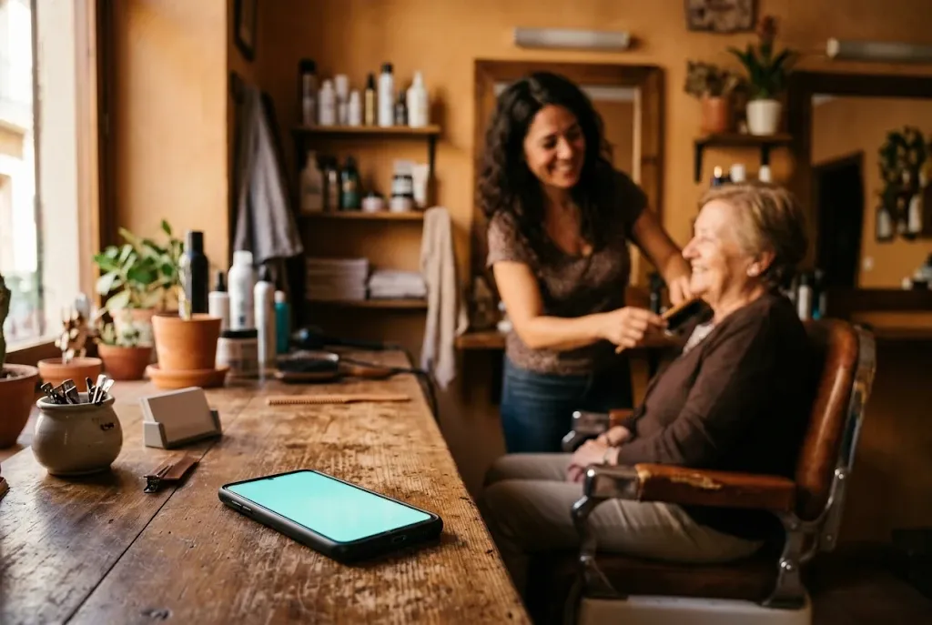 Profesional atendiendo a una clienta en su local, con una tablet sobre la mesa