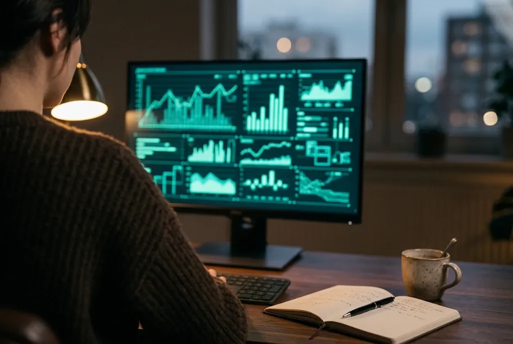 Persona revisando gráficas de visitas y conversiones de una web en su ordenador