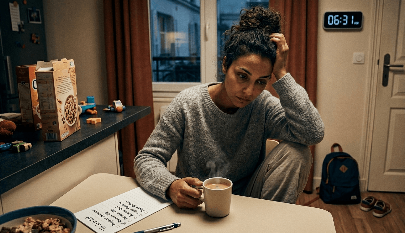 Femme salariée assise à table, pensive, tasse de café à la main, bol de céréales et cahier ouvert devant elle, horloge 06:31 en arrière-plan