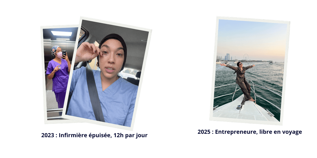 Collage avant/après : à gauche Chaymae infirmière épuisée après 12h de travail dans sa voiture ; à droite, libre à Dubaï sur un yacht, vivant de son activité