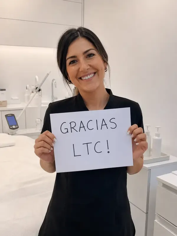 Esteticista sosteniendo un cartel: Gracias LTC