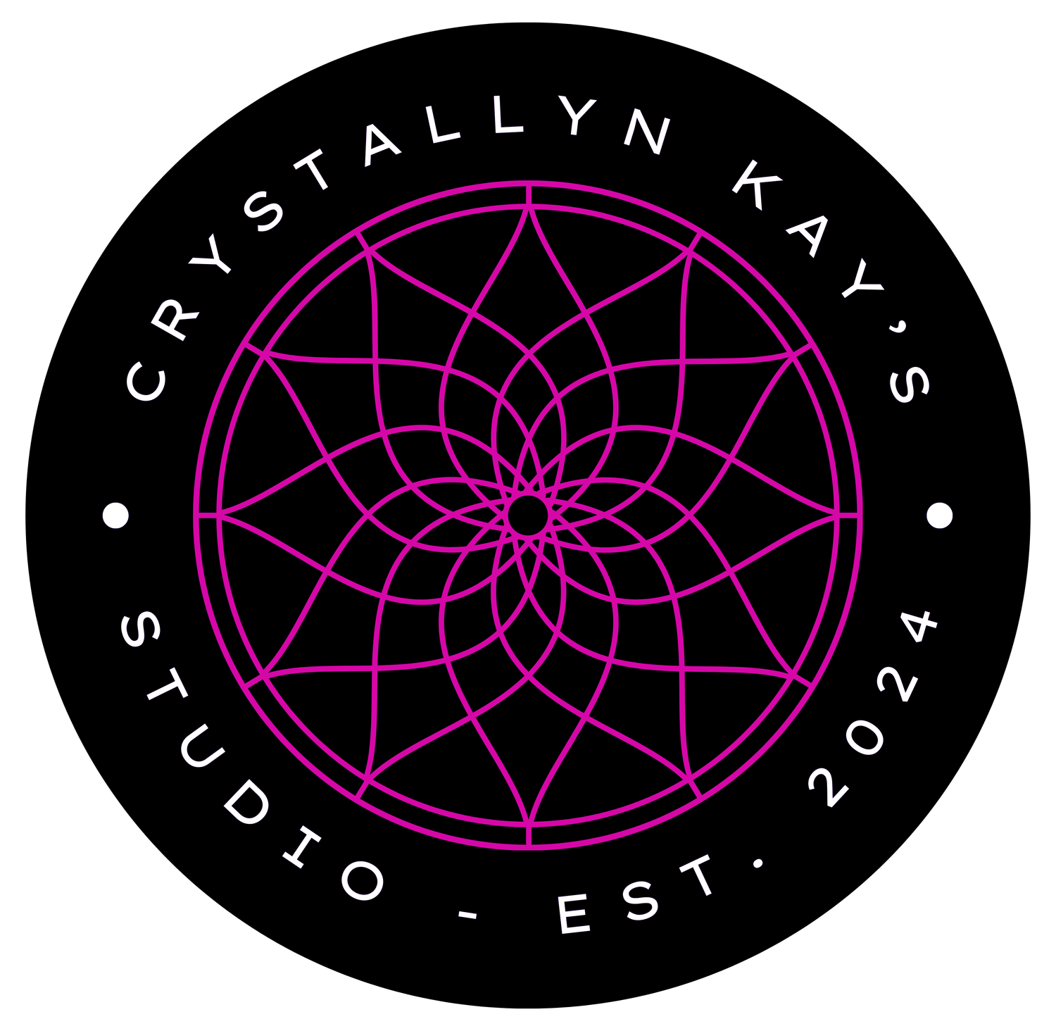 Crystallyn Kay’s Studio circular logo with a geometric lotus-style design in pink and the text “Crystallyn Kay’s Studio - Est. 2024” on a black background