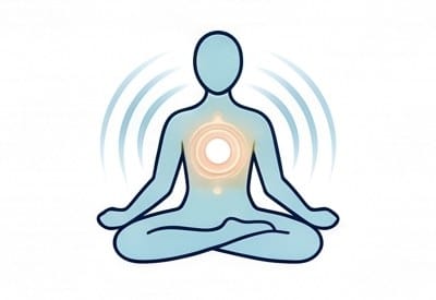 Une femme assise en méditation, une lumière au cœur