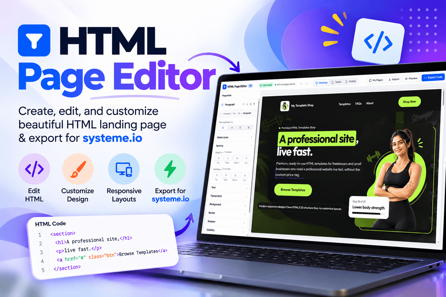 HTML Page editor for systeme.io