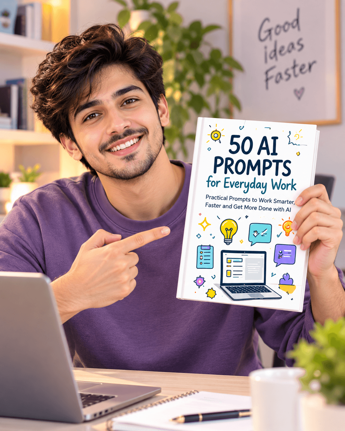 Cover of 50 AI Prompts for Everyday Work, with a laptop and lightbulb illustration