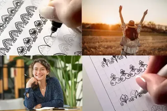 Personas relajadas trazando mandalas — manos dibujando con marcador en hojas de práctica