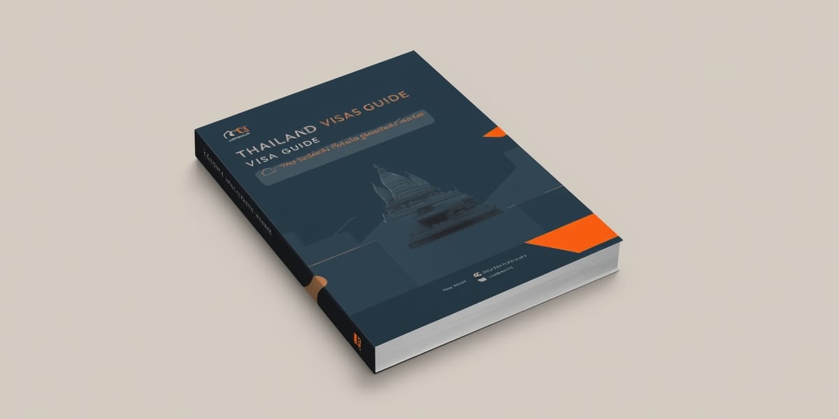 clean 3D digital guide cover mockup, dark navy cover with orange accents, Thailand visa guide, isolated on neutral background, studio lighting