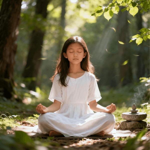 Niña tranquila en Meditacion en medio de la naturaleza