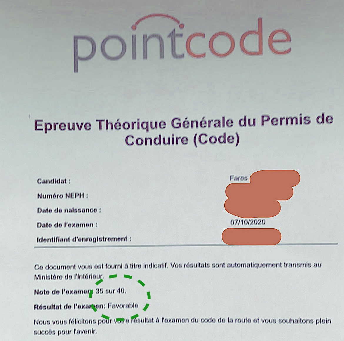 résultat de l'examen théorique