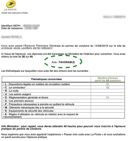 résultat de l'examen théorique