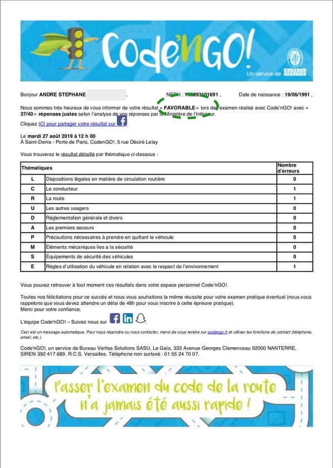 résultat de l'examen théorique