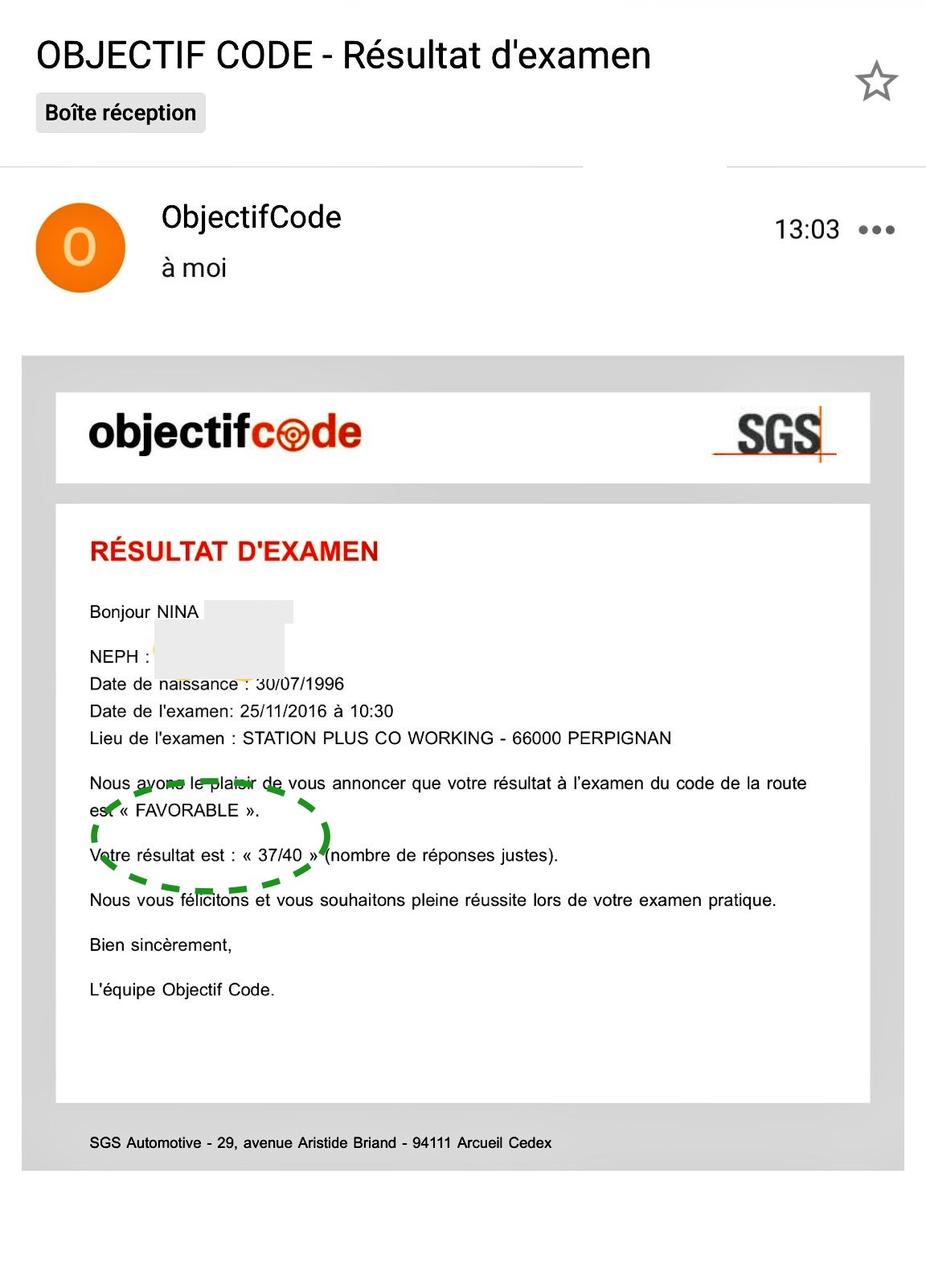 résultat de l'examen théorique