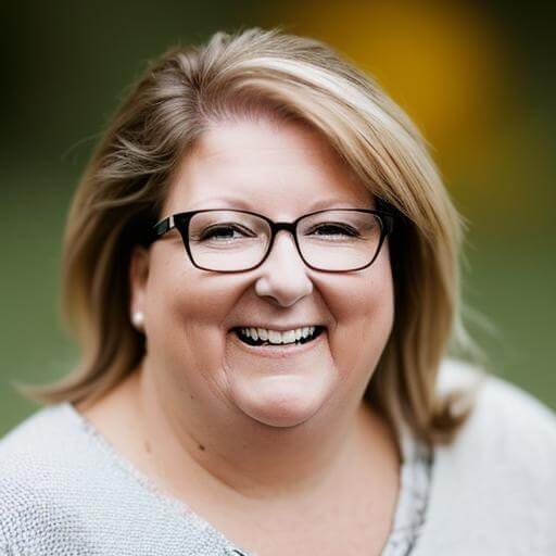 Headshot of Candice Erickson-Perham wearing a silver v-neck knit shirt, and dark rimmed eyeglasses, with a blurred nature background behind her.