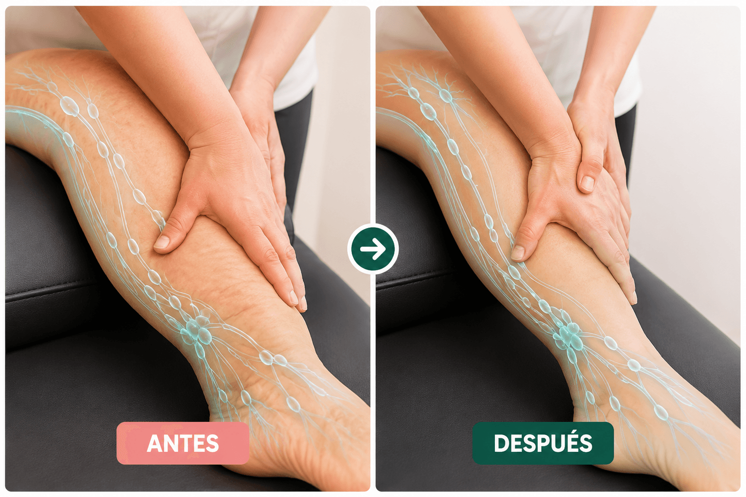 Antes y después con linfodrenaje en piernas