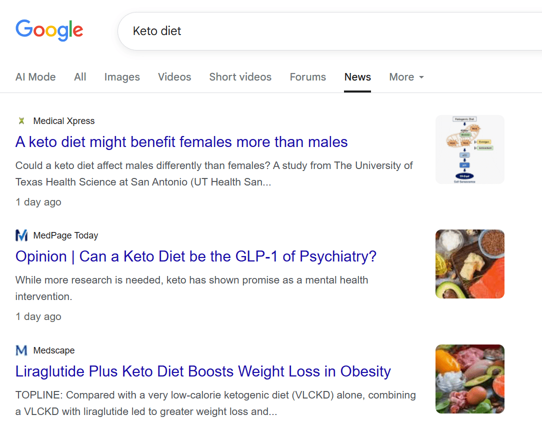 Keto diet related news in Google search engine. 