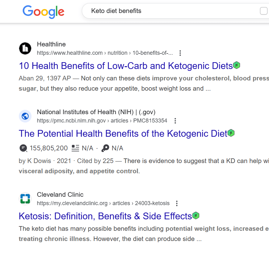 Keto diet benefits-related articles on Google Search 