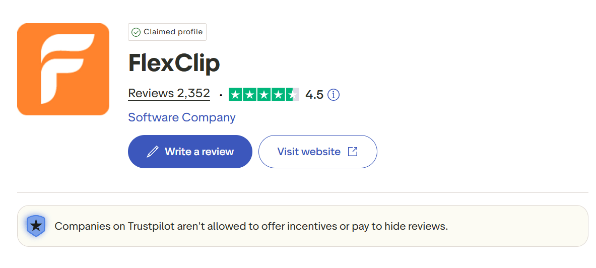 Flexclip AI 4.5 Star Reviews in Trustpilot. 