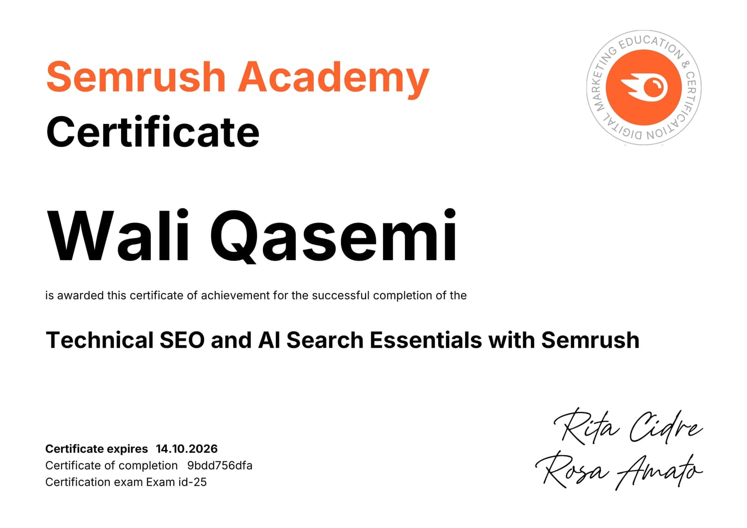 Wali Qasemi's Technical SEO & AI Search Essentials From Semrush