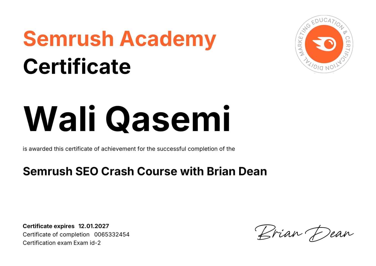 Wali Qasemi's SEO Certificate From Semrush Academy