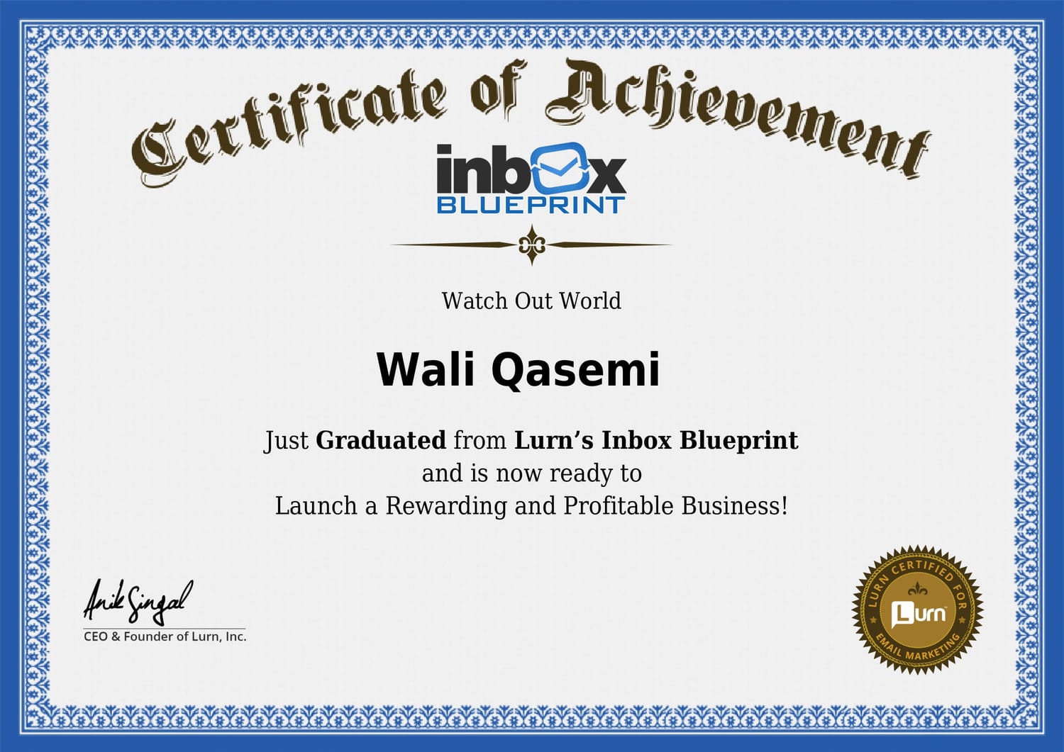 Wali Qasemi's Email Marketing Certificate From Lurn