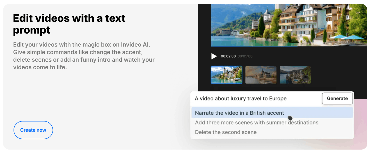 Invideo AI video editing feature with a text prompt