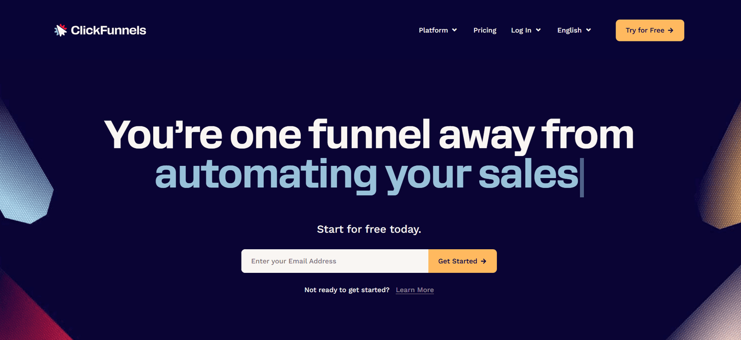 Clickfunnels Home Page- You're One Funnel Away