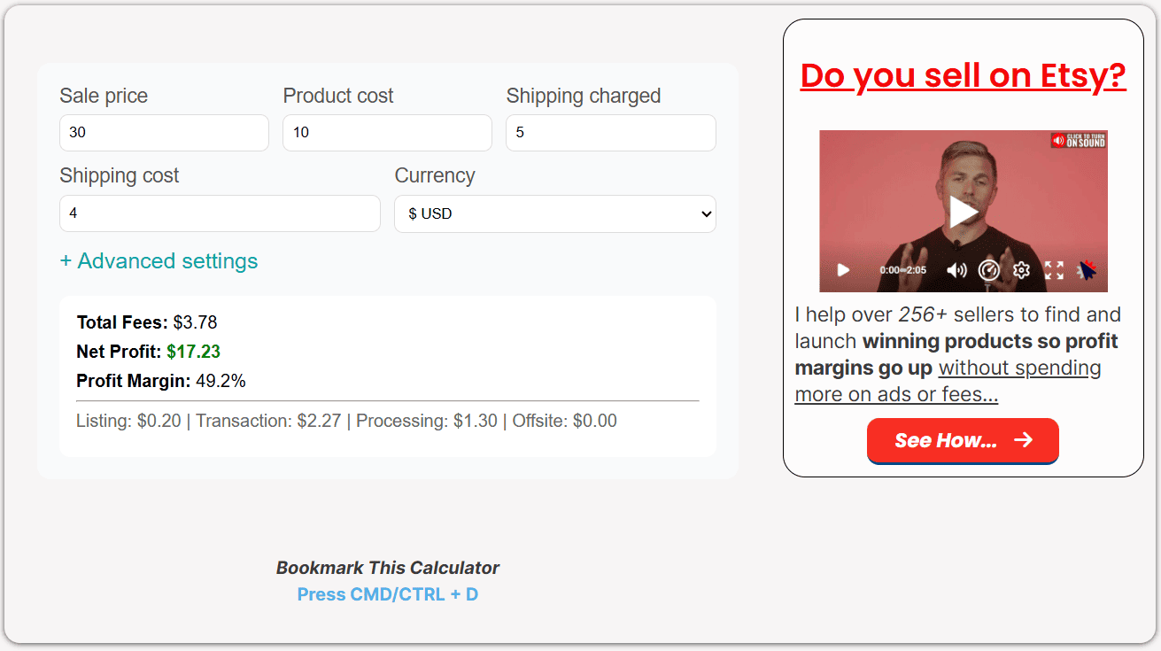 Etsy Calculator example