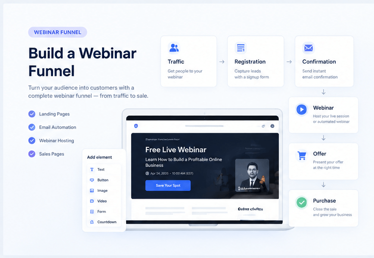Systeme.io webinar plan, registration page, confirmation page, webinar page