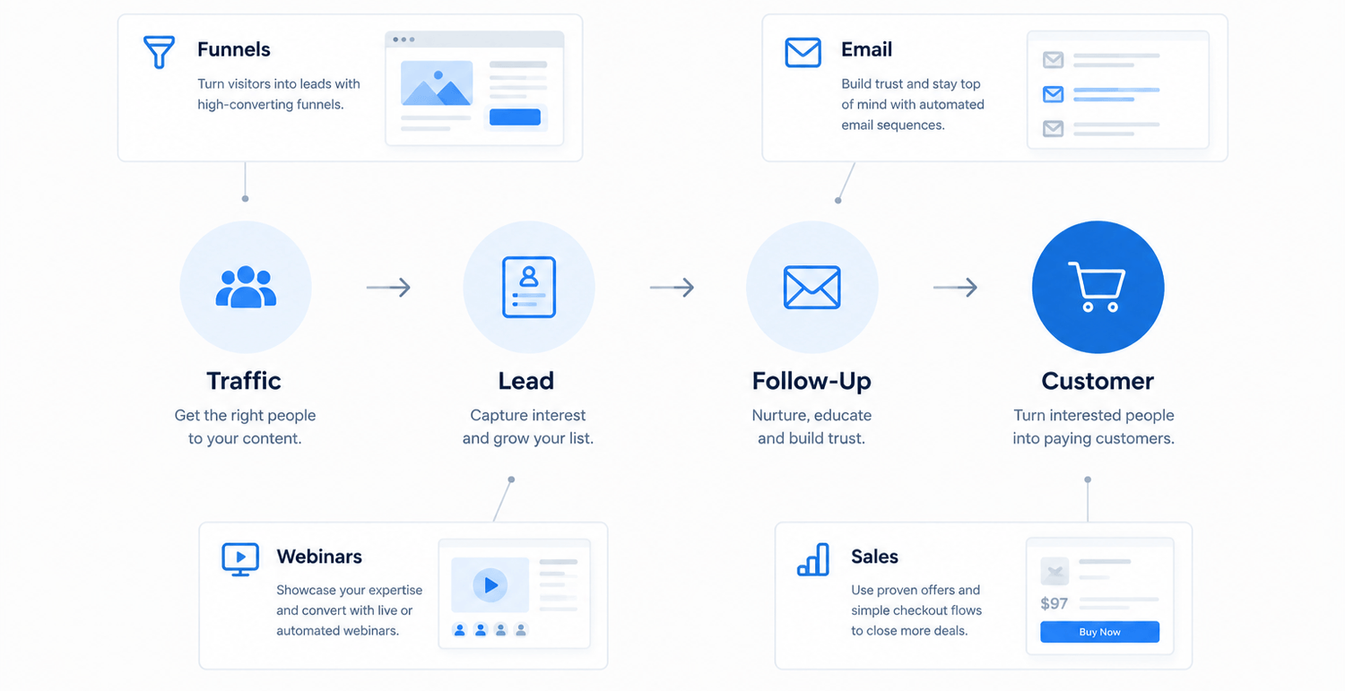 Dream Customer Waves customer acquisition system showing traffic, leads, follow-up and customers