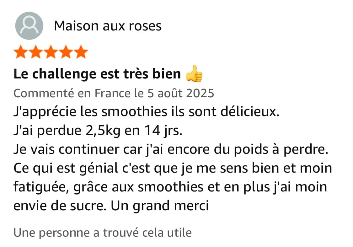 Avis Challenge Happy Smoothie - Témoignage client Facebook et résultats après 21 jours