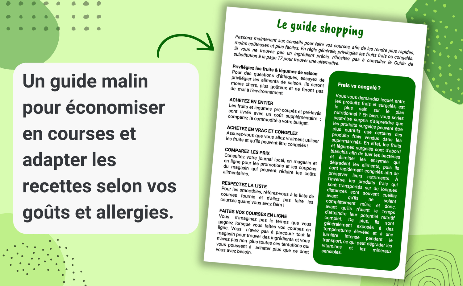 Un guide d'astuces pour faire vos courses de manière plus économique et intelligente, ainsi que la liste des aliments à remplacer dans les recettes en fonction de vos allergies et de vos goûts.