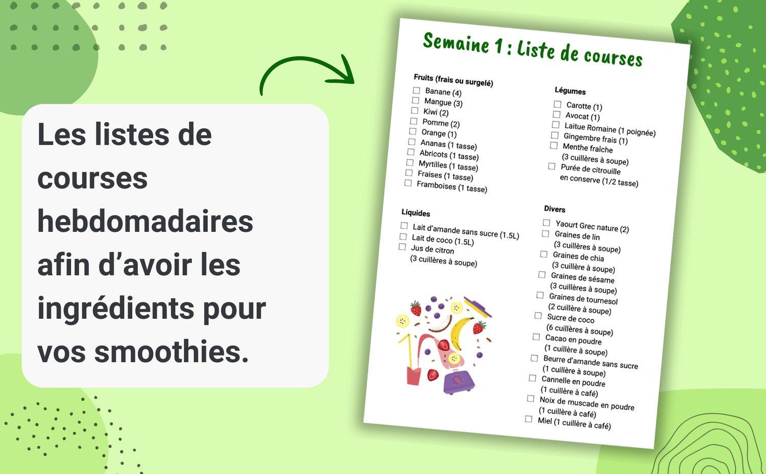 Les listes complètes des courses pour chaque semaine de votre challenge afin d'être prêt chaque jour avec tous les ingrédients nécessaires pour des smoothies savoureux et équilibrés.