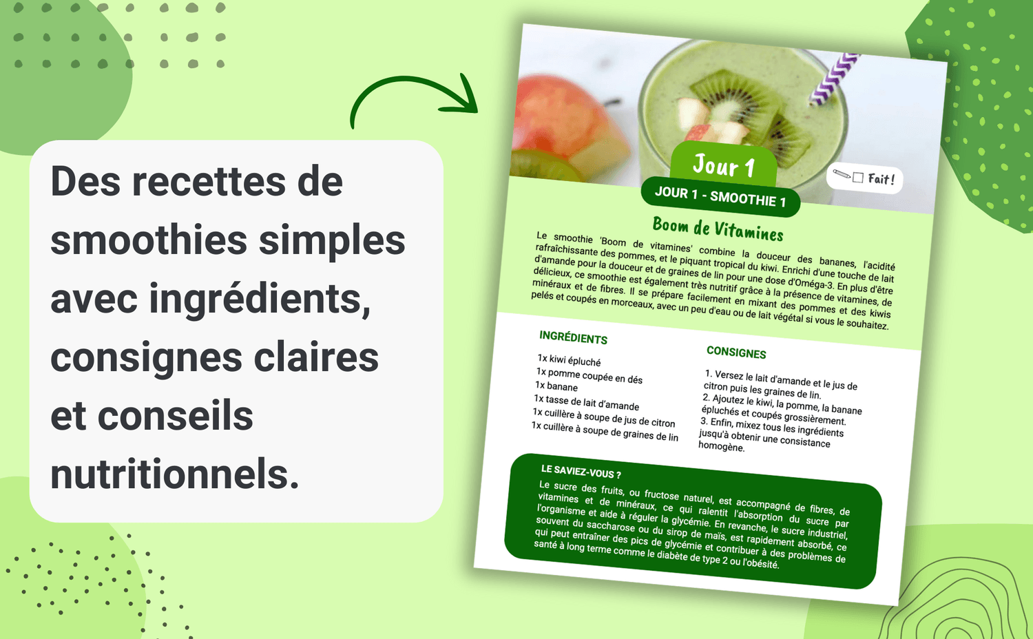 Les recettes détaillées pour chaque smoothie de votre programme, avec des ingrédients simples et des instructions claires. Découvrez aussi des conseils nutritionnels pour comprendre les bienfaits de chaque ingrédient.