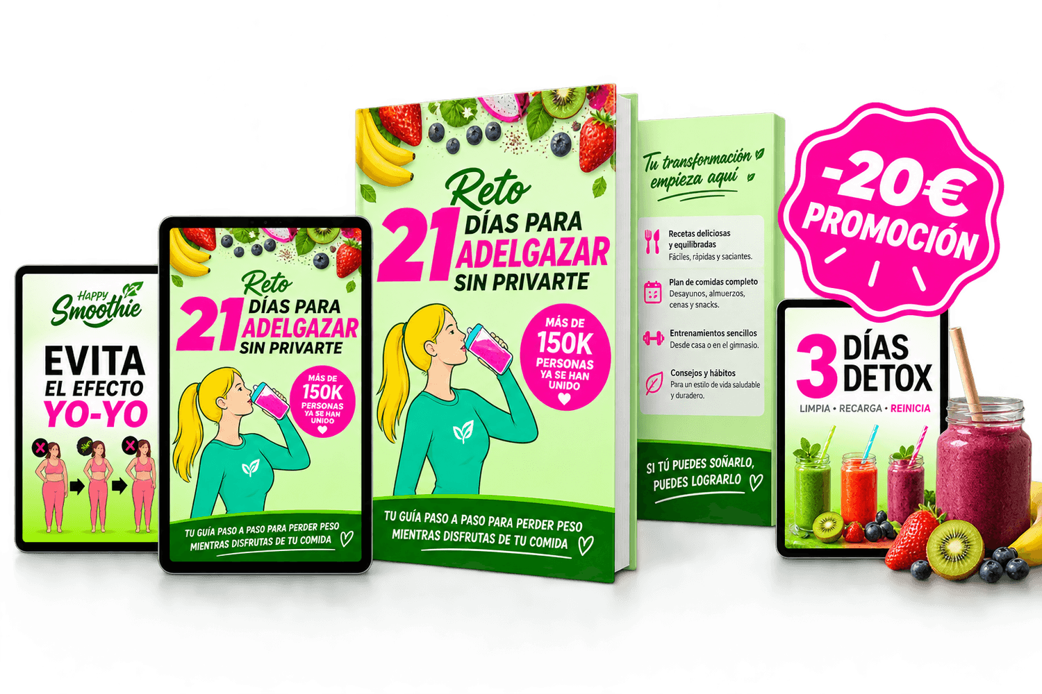 Mockup du programme Happy Smoothie - Challenge minceur de 21 jours avec 36 recettes de smoothies sains et gourmands