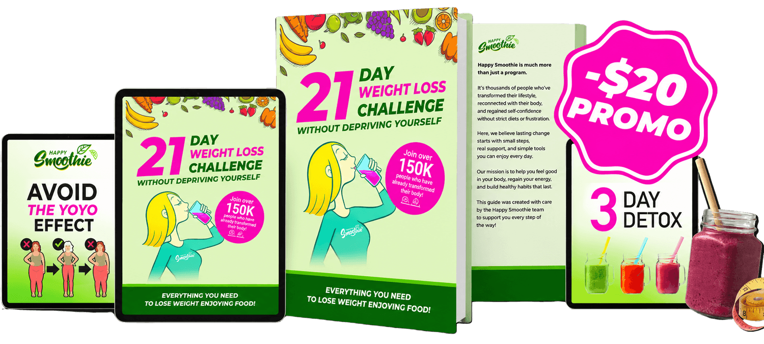 Mockup du programme Happy Smoothie - Challenge minceur de 21 jours avec 36 recettes de smoothies sains et gourmands