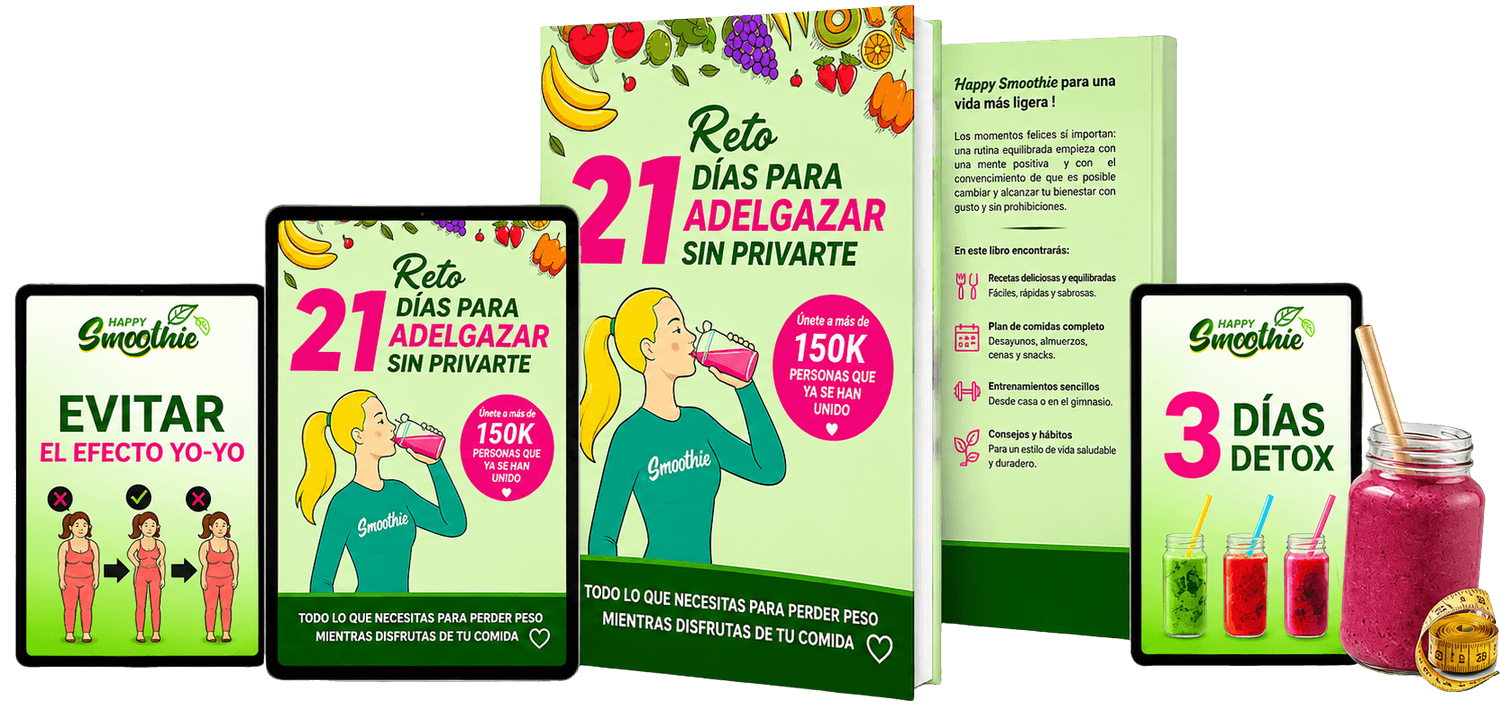 Mockup du programme Happy Smoothie - Challenge minceur de 21 jours avec 36 recettes de smoothies sains et gourmands