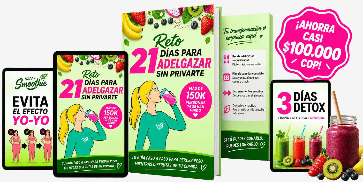 Mockup du programme Happy Smoothie - Challenge minceur de 21 jours avec 36 recettes de smoothies sains et gourmands