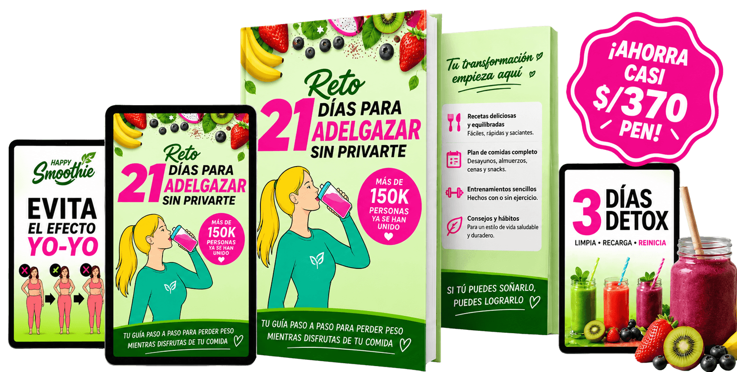 Mockup du programme Happy Smoothie - Challenge minceur de 21 jours avec 36 recettes de smoothies sains et gourmands