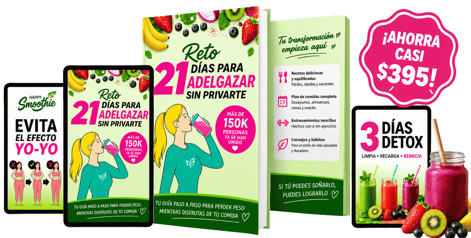 Mockup du programme Happy Smoothie - Challenge minceur de 21 jours avec 36 recettes de smoothies sains et gourmands