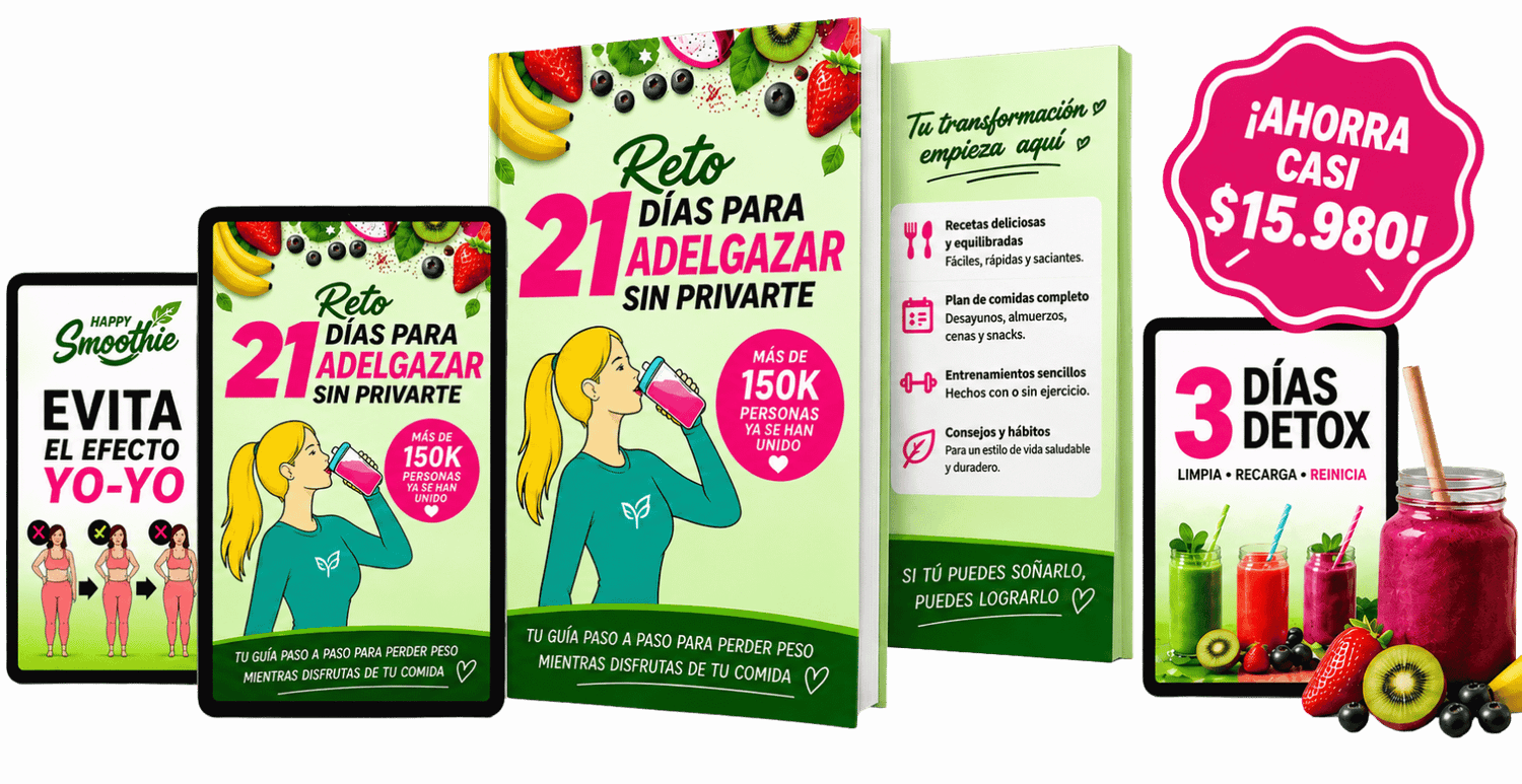 Mockup du programme Happy Smoothie - Challenge minceur de 21 jours avec 36 recettes de smoothies sains et gourmands