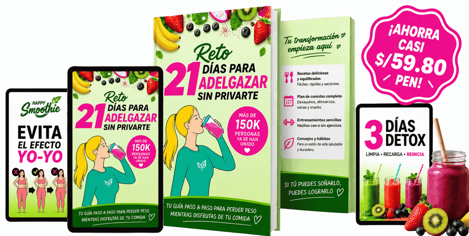 Mockup du programme Happy Smoothie - Challenge minceur de 21 jours avec 36 recettes de smoothies sains et gourmands