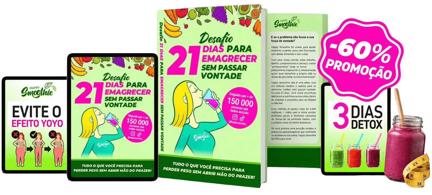 Mockup du programme Happy Smoothie - Challenge minceur de 21 jours avec 36 recettes de smoothies sains et gourmands