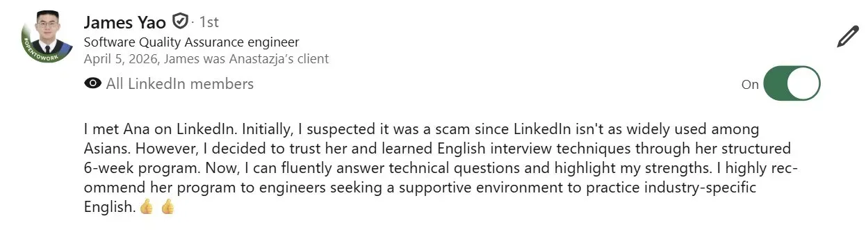 LinkedIn testimonial from student