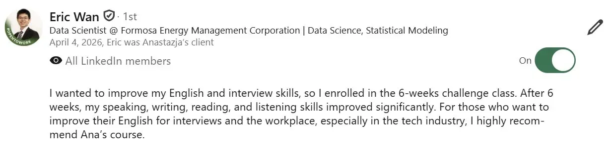 LinkedIn testimonial from student